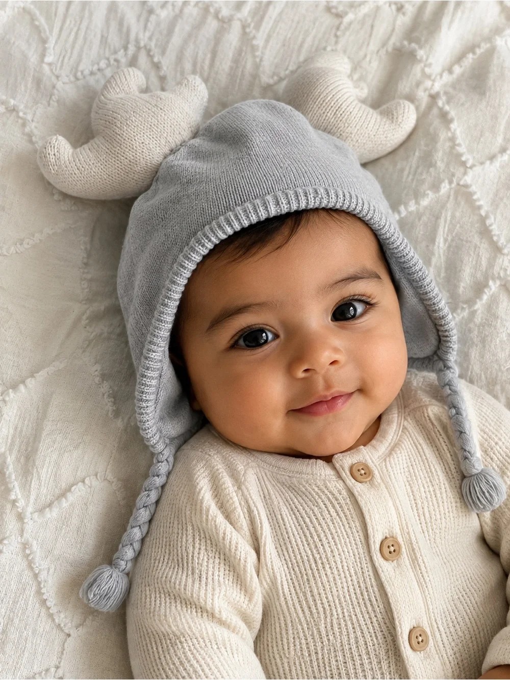 Jane & Jack Baby Gray Reindeer Knit Earflap Hat 18-24M Winter Toddler